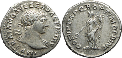 Ancient Roman silver coin of Trajan - COS V PP SPQR OPTIMO PRINC